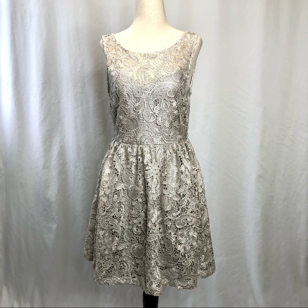 Moonlight champagne metallic lace skater dress M